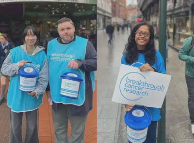 PhD students Yingru Zhou (First from left) and Soumakanya Ram (Right) at the fundraising event organized by Breakthrough Cancer Research on World Cancer Research Day (19th September)